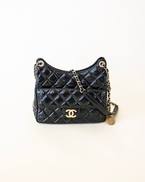 Chanel "Hobo Bag Shiny Black Small"