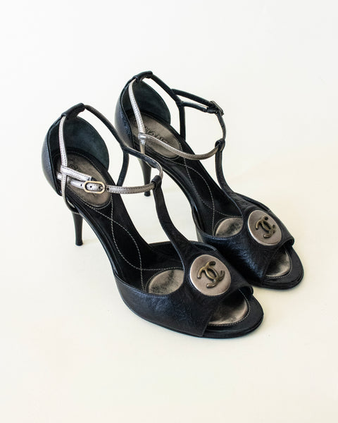 Chanel "2000s Medallion T-Strap Peep-Toe Heels"